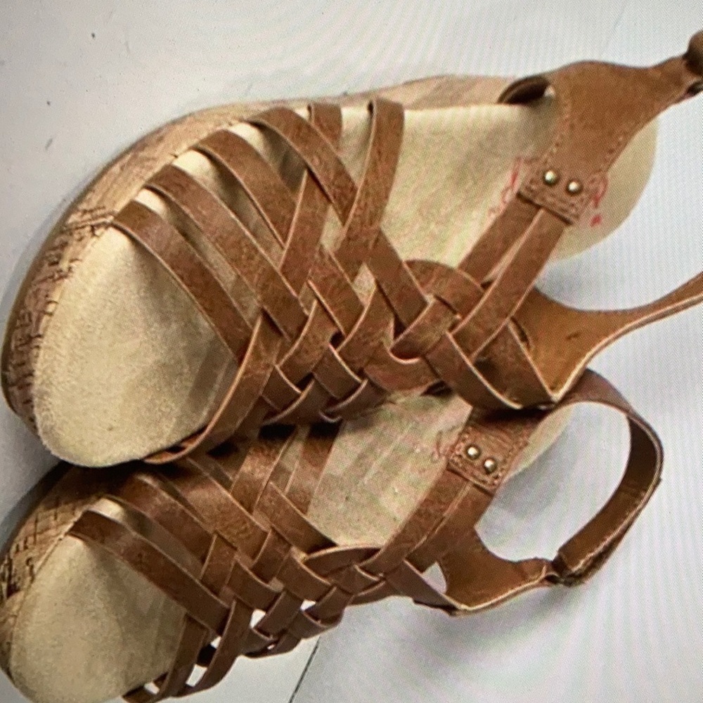 Woven style faux leather cork wedge shoes